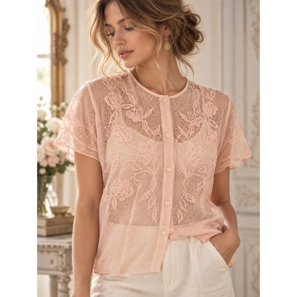 Vintage Blouse Womens M Pink Sheer Floral Embroidered 60s 70s Coquette Romantic